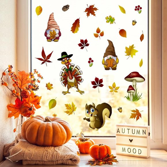 126 PCS Thanksgiving Gnomes Turkey Window  Autumn Glass Clings Fall Home Decor - Picture 2 of 8